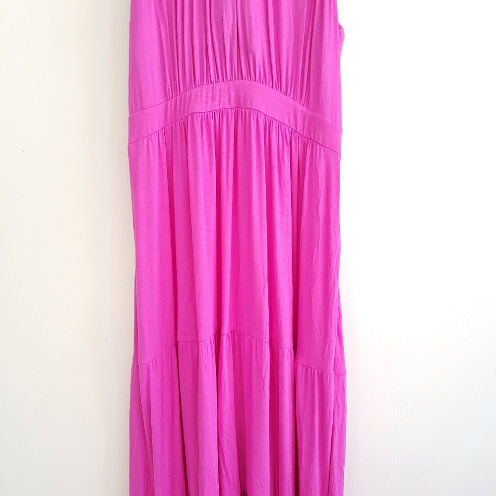 Soma Weekend Crossover Halter Soft Jersey Pink Maxi Dress Tiered Ruffle Large - Picture 9 of 11